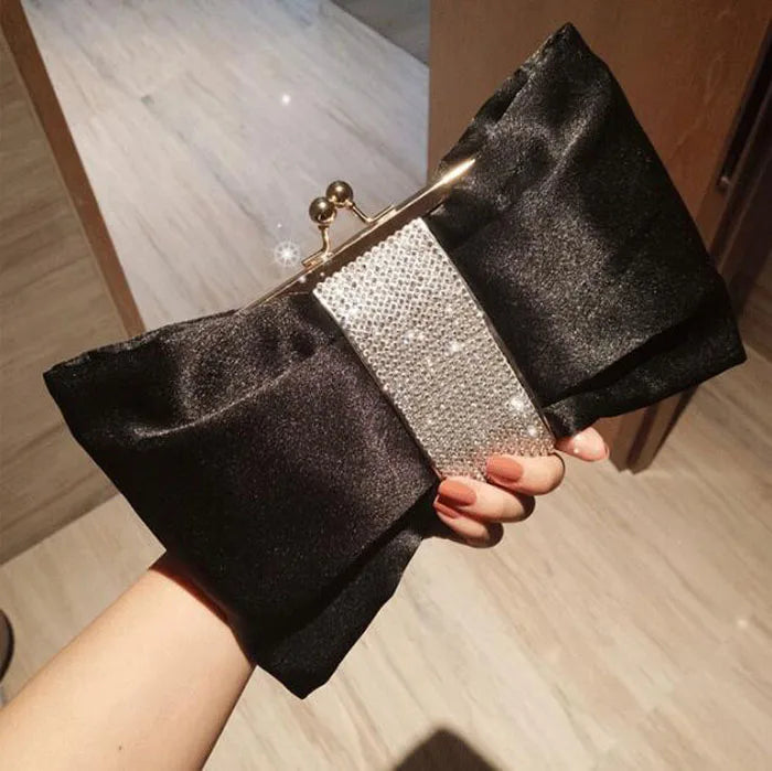 Rhinestone Bow Flashing Clutch Purse Crystal Chain Wedding