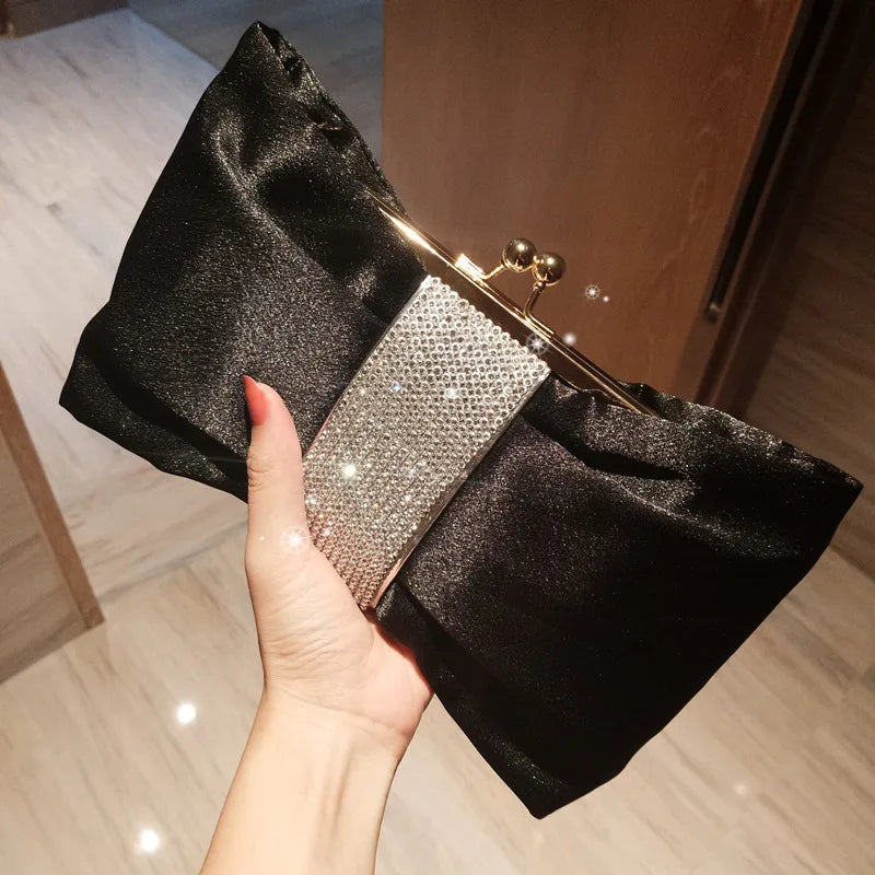 Rhinestone Bow Flashing Clutch Purse Crystal Chain Wedding