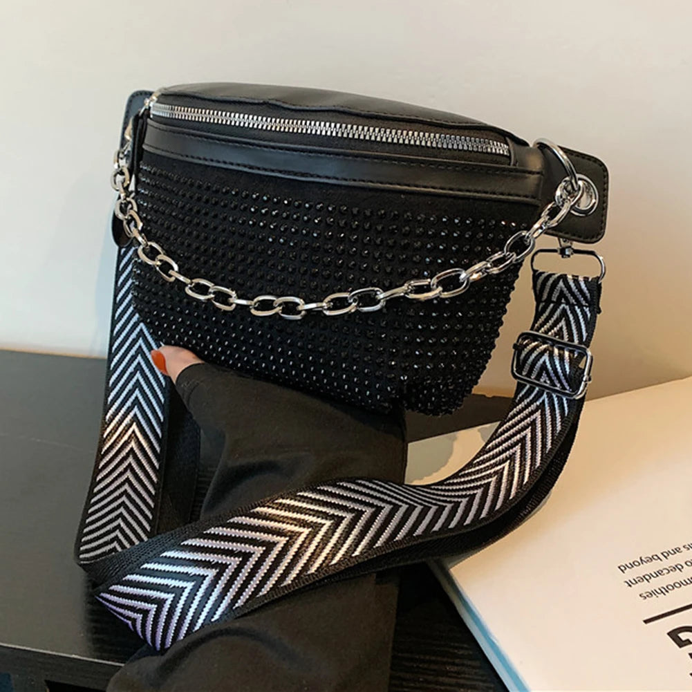 Rhinestone Chain Shoulder Bag Casual Adjustable Strap for Weekend Vacation