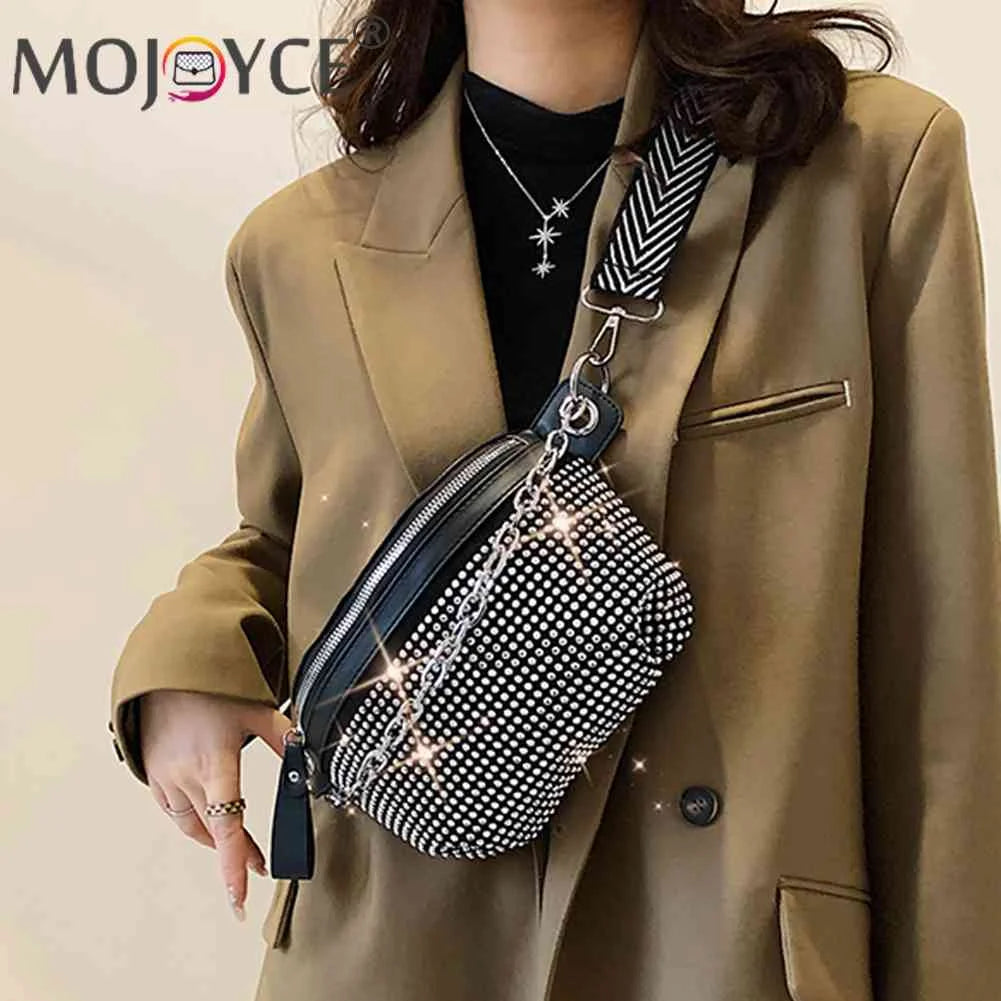 Rhinestone Chain Shoulder Bag Casual Adjustable Strap for Weekend Vacation