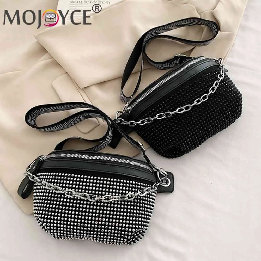 Rhinestone Chain Shoulder Bag Casual Adjustable Strap for Weekend Vacation