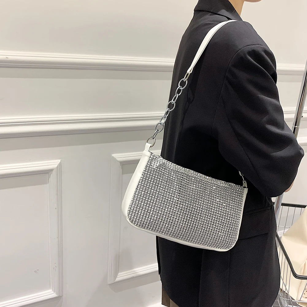 Rhinestones Clutch Bag Women Dinner Party Leather Shoulder Handbag
