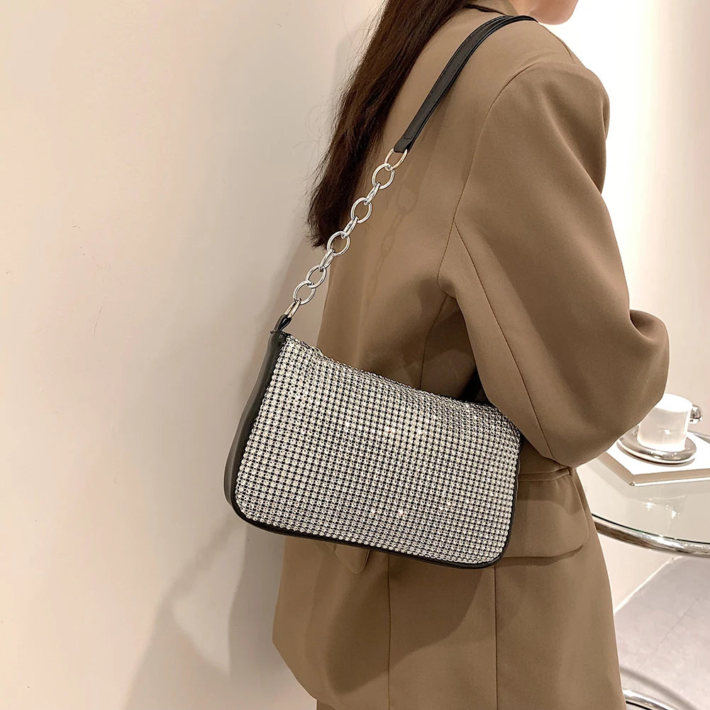 Rhinestones Clutch Bag Women Dinner Party Leather Shoulder Handbag