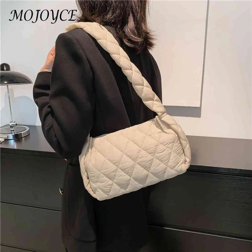 Embroidery Thread Shoulder Bag Rhombic Lattice Tote Quilted Casual Winter Solid