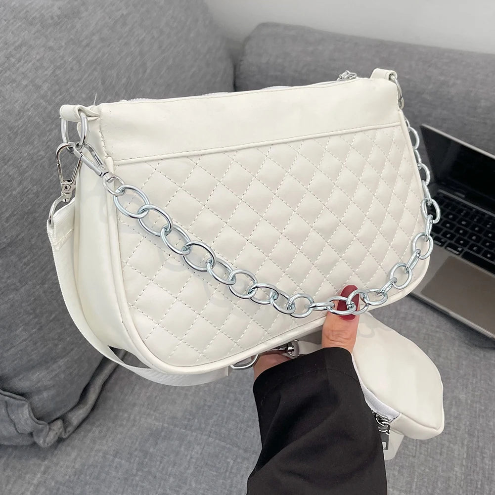 Embroidered Chain Square Bag with Small Purse PU Leather