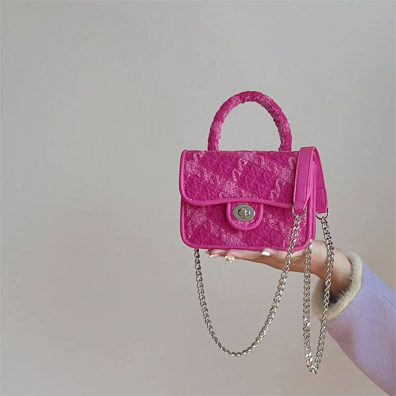 Rose Pink Women Shoulder Bag Small Crossbody Plaid Lock Square