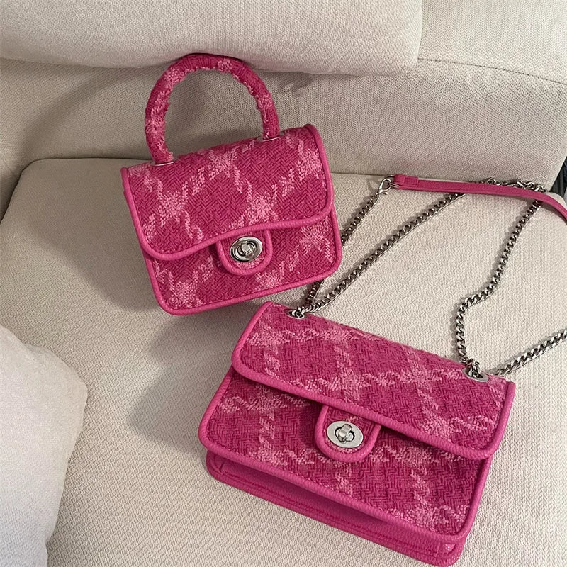 Rose Pink Women Shoulder Bag Small Crossbody Plaid Lock Square