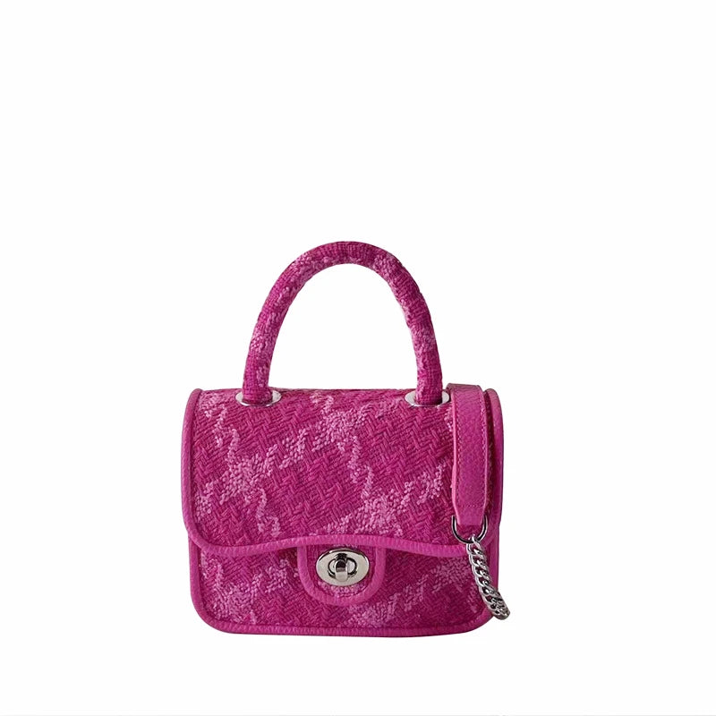Rose Pink Plaid Shoulder Bag Lock Small Square Crossbody