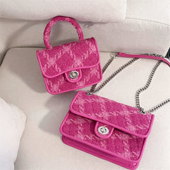 Rose Pink Plaid Shoulder Bag Lock Small Square Crossbody