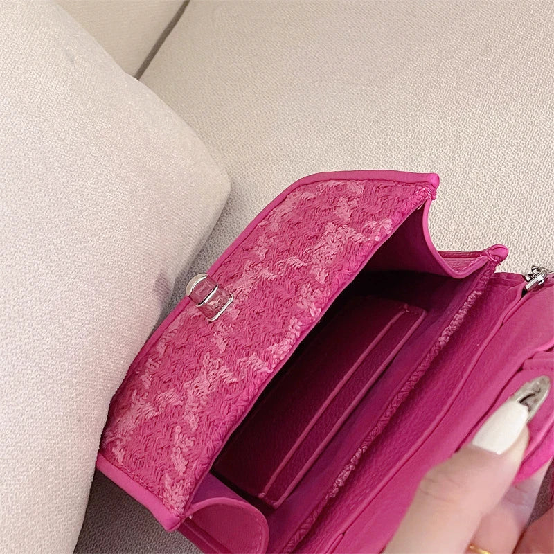 Rose Pink Plaid Shoulder Bag Lock Small Square Crossbody