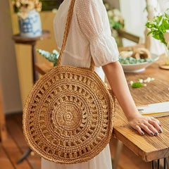 Round Straw Bag Women Farmhouse Style Handbag Ladies Summer Shoulder Bag