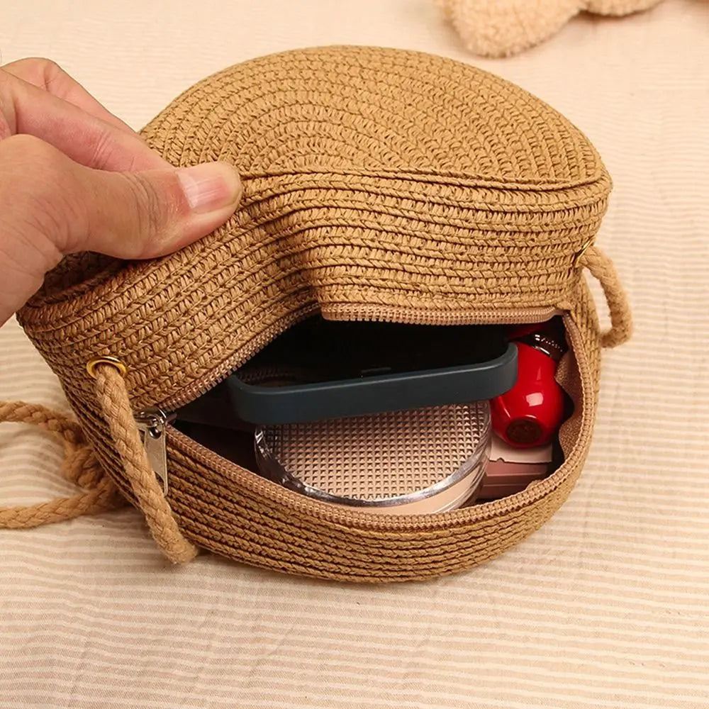 Round Straw Bag Woven Beach Crossbody Rattan Knitted Handbag