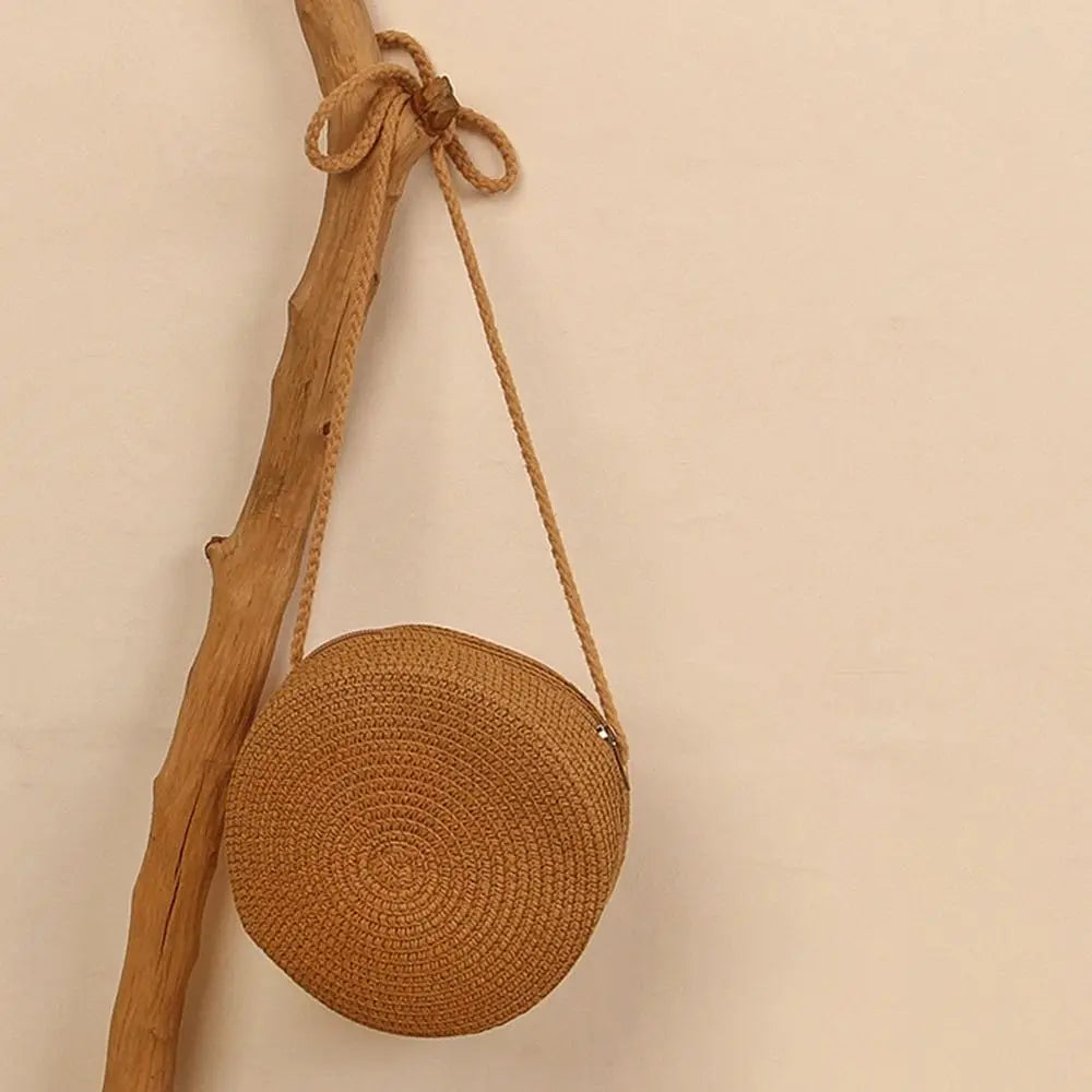 Round Straw Bag Woven Beach Crossbody Rattan Knitted Handbag