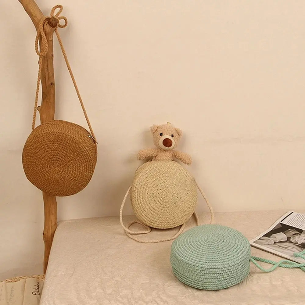 Round Straw Bag Woven Beach Crossbody Rattan Knitted Handbag