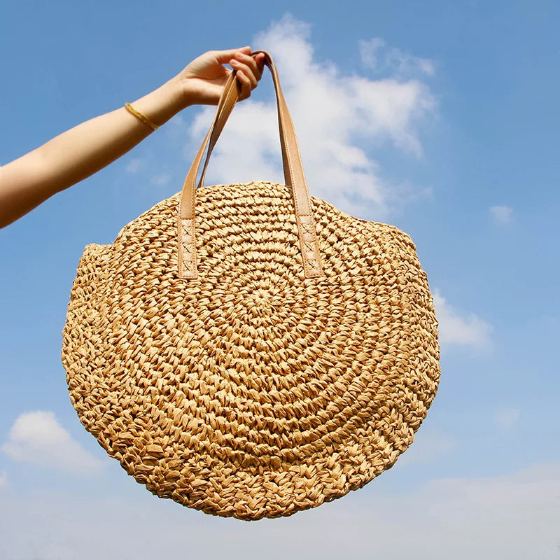 Straw Beach Bag Vintage Woven Shoulder Rattan Circle Bohemian Vacation Bag