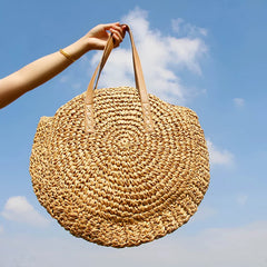 Straw Beach Bag Vintage Woven Shoulder Rattan Circle Bohemian Vacation Bag