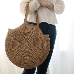 Straw Beach Bag Vintage Woven Shoulder Rattan Circle Bohemian Vacation Bag