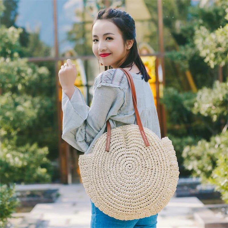 Straw Beach Bag Vintage Woven Shoulder Rattan Circle Bohemian Vacation Bag