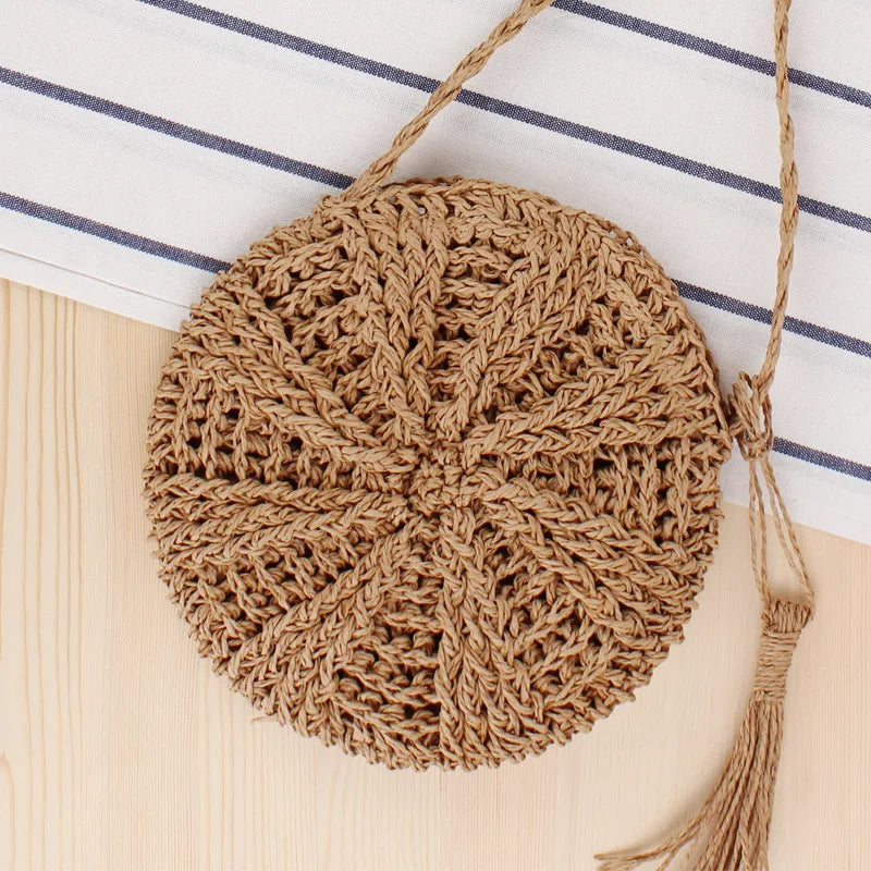 Straw Beach Bag Vintage Woven Shoulder Rattan Circle Bohemian Vacation Bag