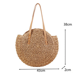 Vintage Straw Beach Bag Rattan Circle Shoulder Bag Bohemian Summer Vacation