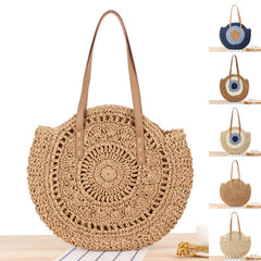 Vintage Straw Beach Bag Rattan Circle Shoulder Bag Bohemian Summer Vacation
