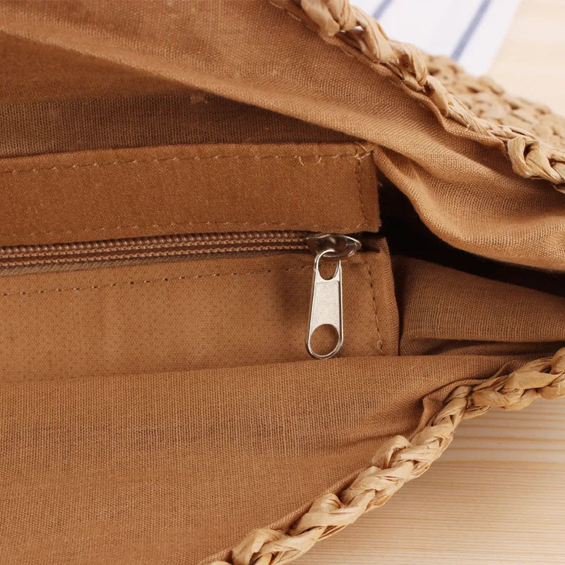 Round Straw Beach Bag Vintage Woven Shoulder Bag Raffia Circle