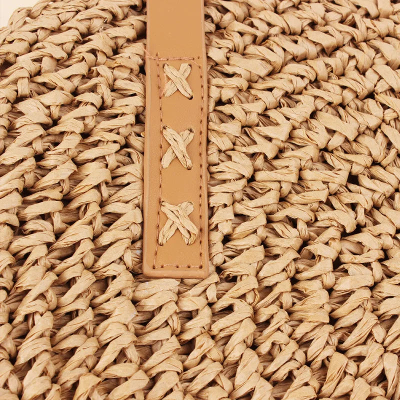 Round Straw Beach Bag Vintage Woven Shoulder Bag Raffia Circle