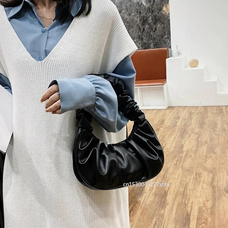 Ruched Folds Pleated Cloud Bag French Niche Shoulder Small PU Leather