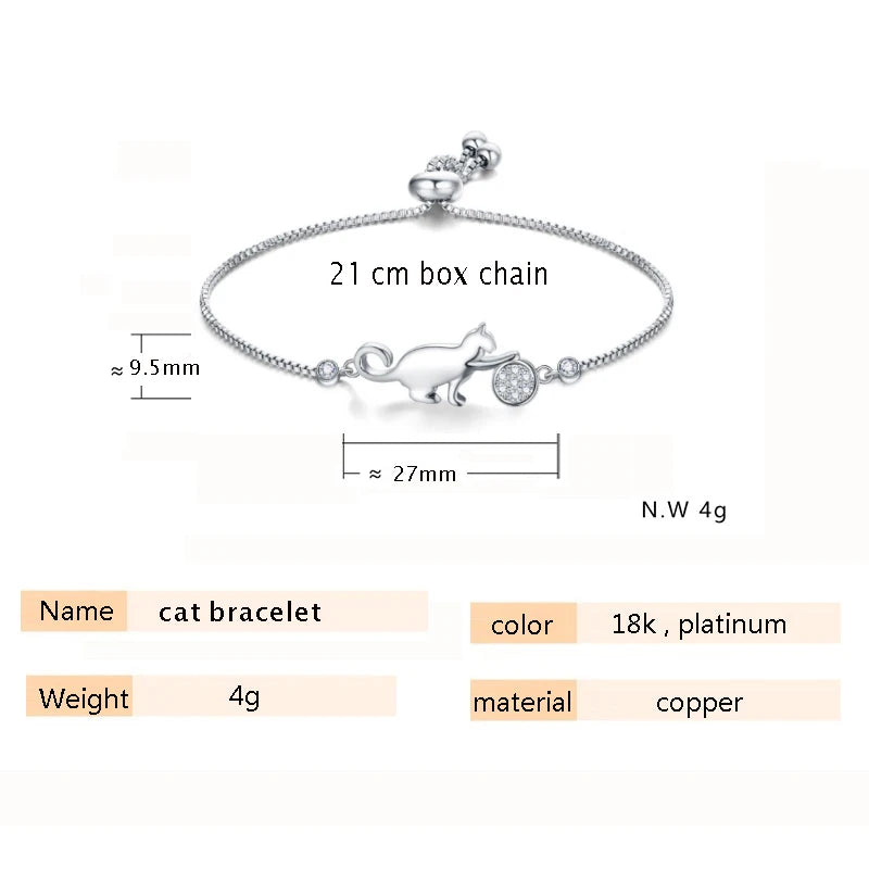 Zircon Cat Ball Chain Bracelet Silver Adjustable Party Jewelry