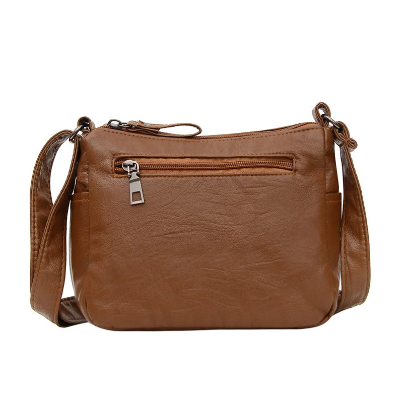Women Large Capacity Multilayer Zipper Bag PU Leather Shoulder Handbag