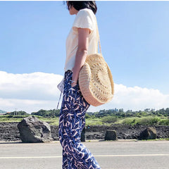 Womens Straw Hand-woven Round Shoulder Bag Bohemian Summer Straw Beach Bag