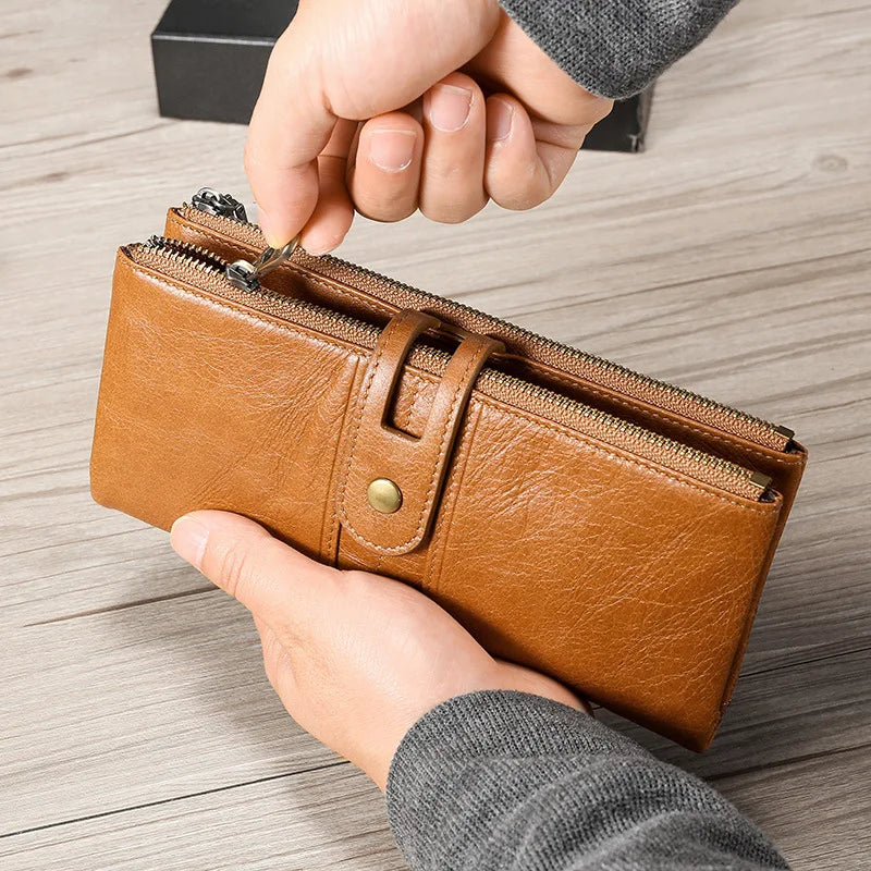 RFID Anti-Theft Cowhide Long Clutch Women Wallet with Phone Holder