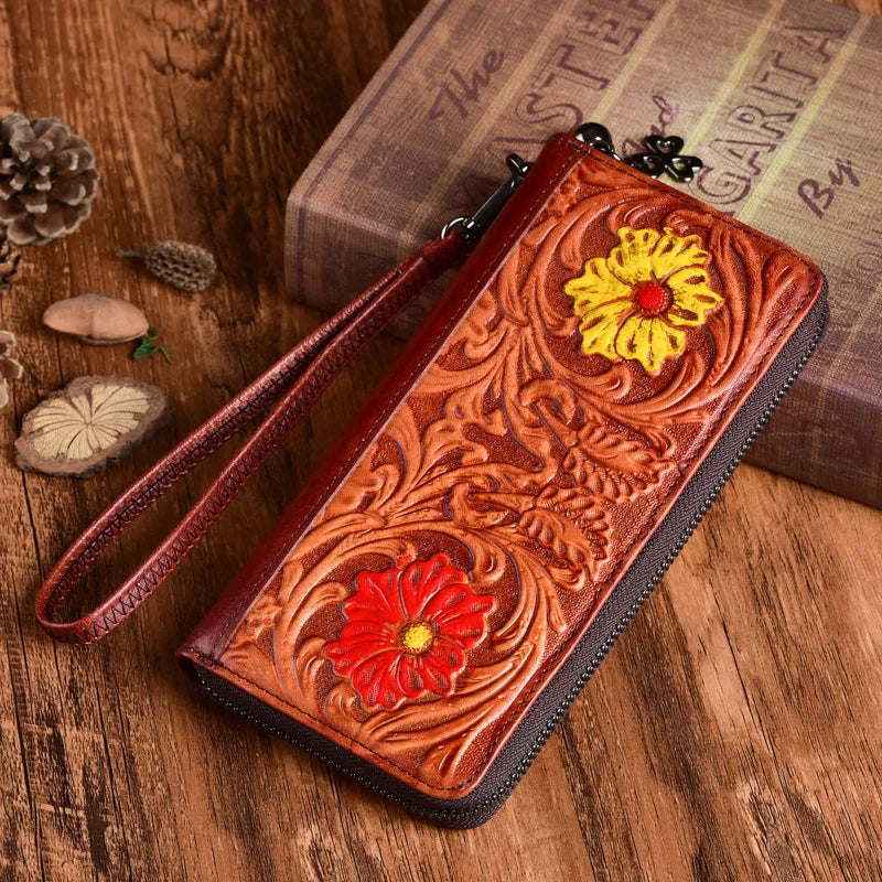 Embossed Floral Lady Purse Long Wristlet Clutch Wallet