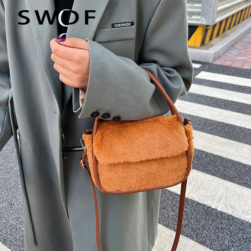 Winter Fur Crossbody Bag for Women Warm Plush Shoulder Bag