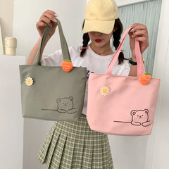 Canvas Bear Satchel Travel Purse Handbag Women Zipper Bag Preppy Style