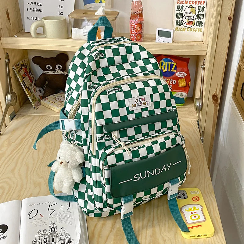 Girls Schoolbag Grid Design High Capacity Book Pack Backpack