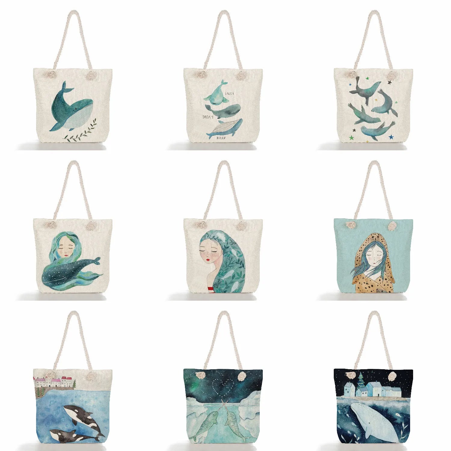 Whale Girl Printed Shoulder Bag High Capacity Travel Beach Bags