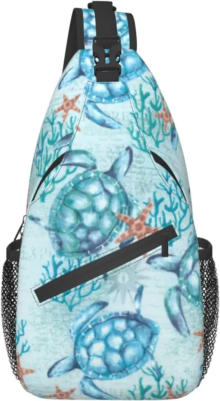 Sea Turtle Seamless Pattern Sling Bag, Animal Print Crossbody Shoulder Backpack