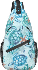 Sea Turtle Seamless Pattern Sling Bag, Animal Print Crossbody Shoulder Backpack