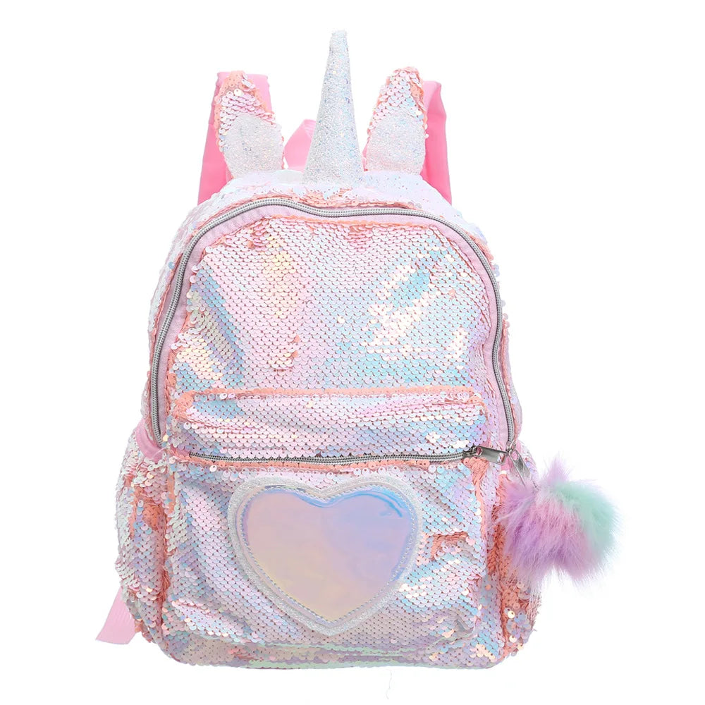 Sequins Unicorn School Bags Girls Laser Pu Heart Patch Kids Backpack Bagpack