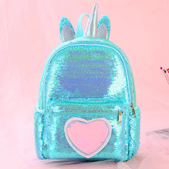 Sequins Unicorn School Bags Girls Laser Pu Heart Patch Kids Backpack Bagpack