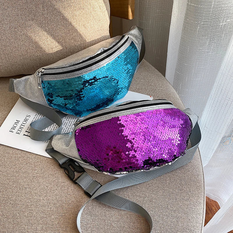 Sequins Waist Bag Crossbody Fanny Pack Women Leather Phone Bag