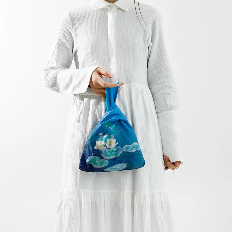 Knot Wrist Bag Japanese Style Hand Bags Lady Purse Oil Painting