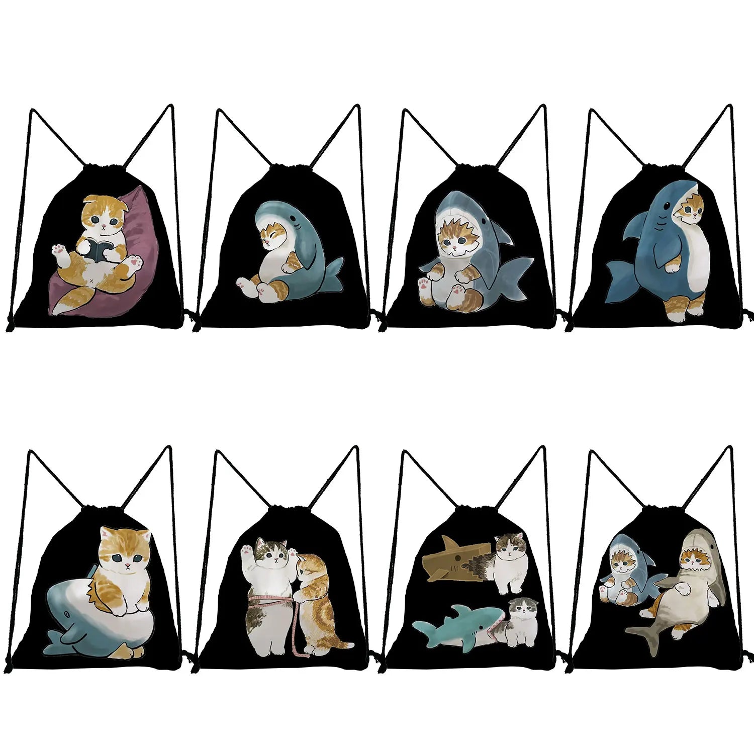 Shark Cat Print Shoes Bag Drawstring Travel Backpack