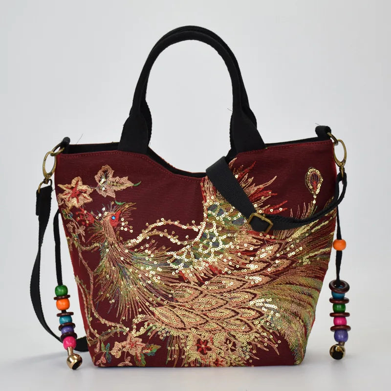 Peacock Embroidered Handbag Canvas Crossbody Bag Women Vintage Shopping Shoulder
