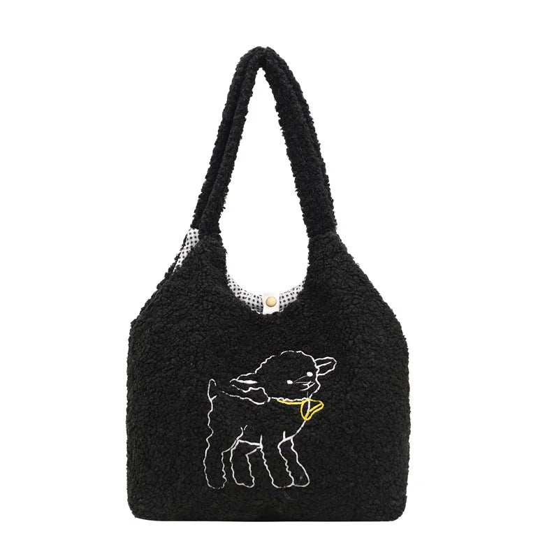 Embroidered Lamb Fabric Tote Bag for Women