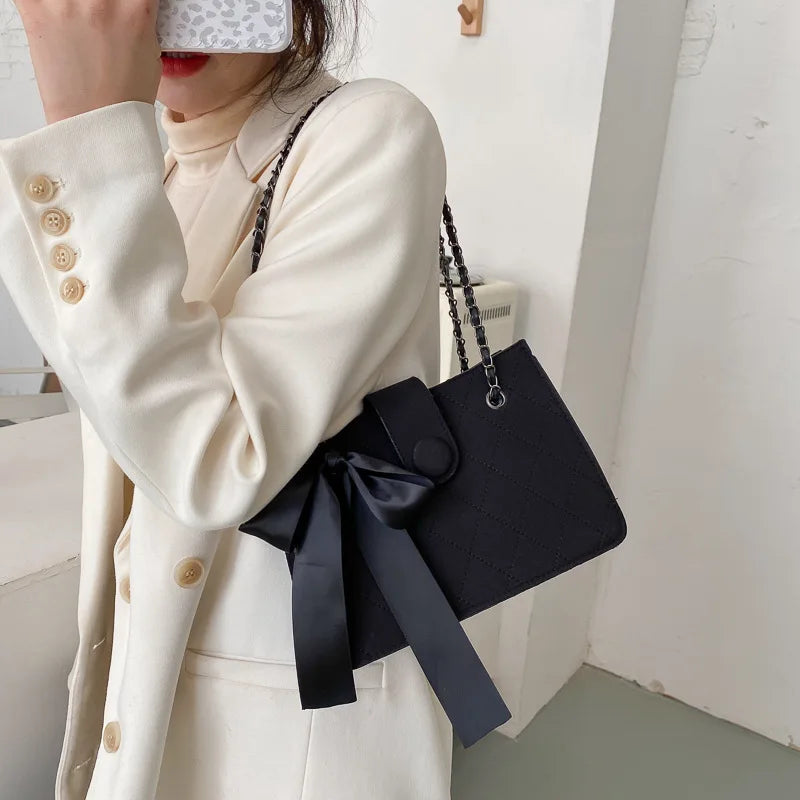 Shoulder Bag Women Bow Chain Diamond Lattice Casual High Street Satchel
