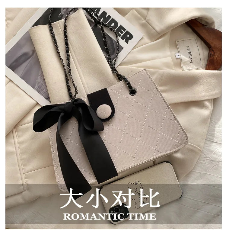 Shoulder Bag Women Bow Chain Diamond Lattice Casual High Street Satchel
