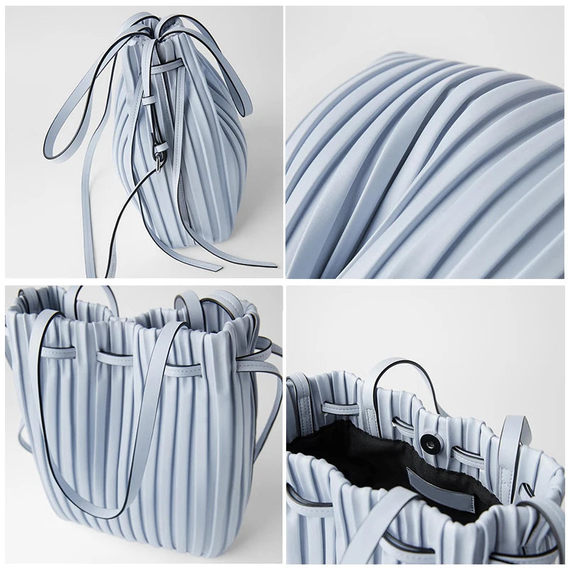 Pleated Stripe Bucket Bag Women Shoulder Bag