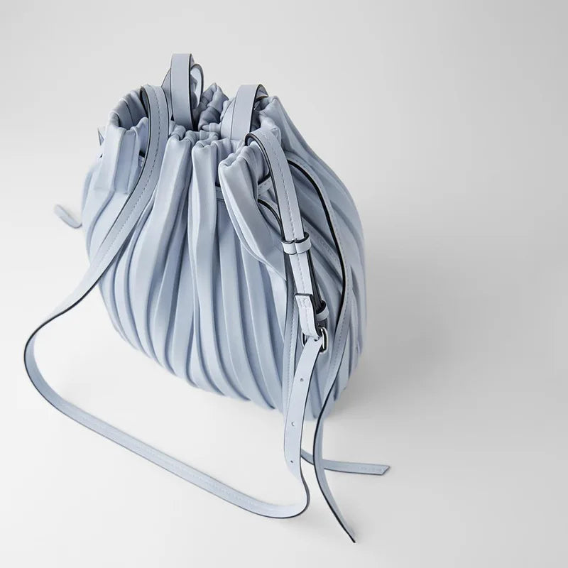 Pleated Stripe Bucket Bag Women Shoulder Bag